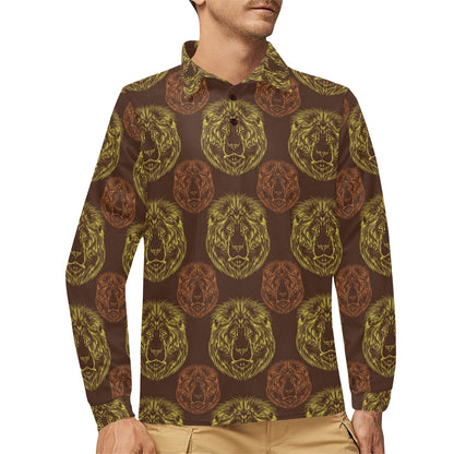 Lion Pattern Print Design 04 Long Sleeve Polo Shirt For Men's