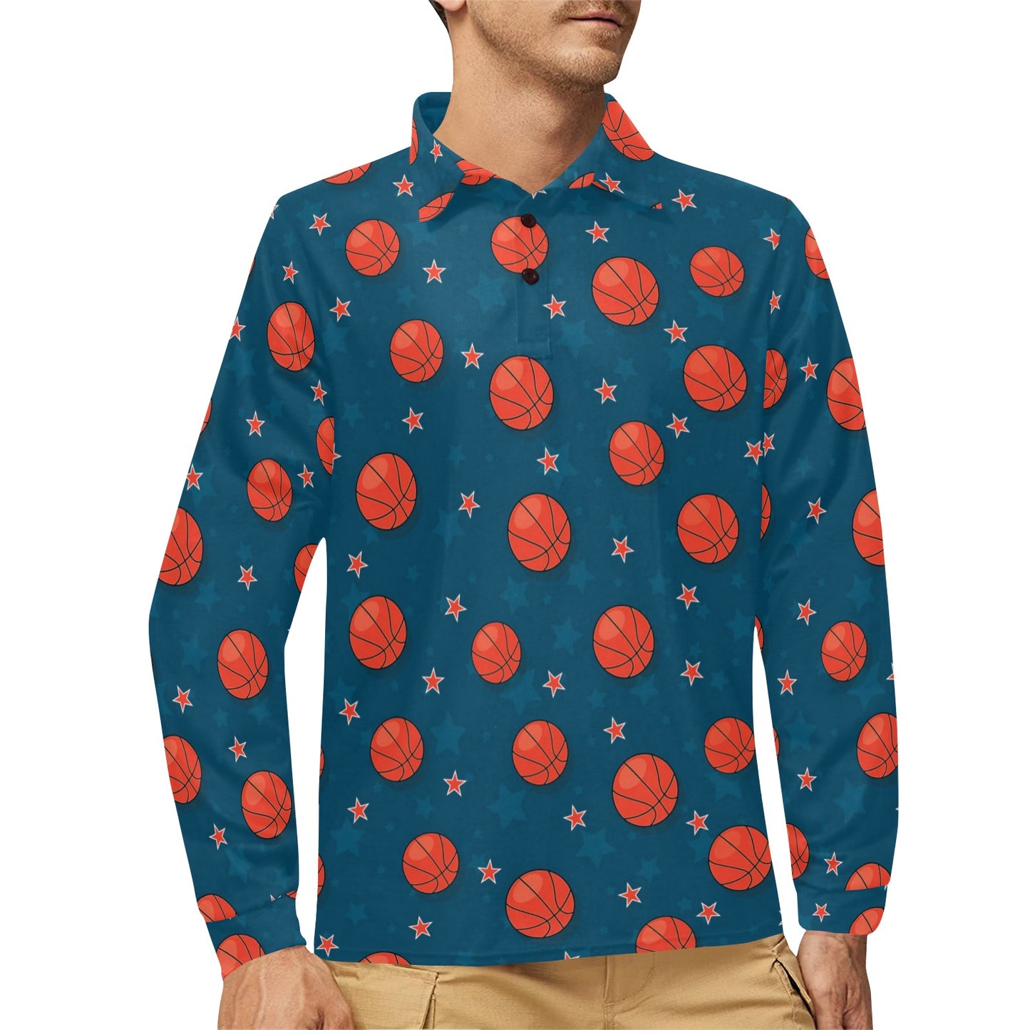 Basketball Pattern Print Design 02 Long Sleeve Polo Shirt For Men's