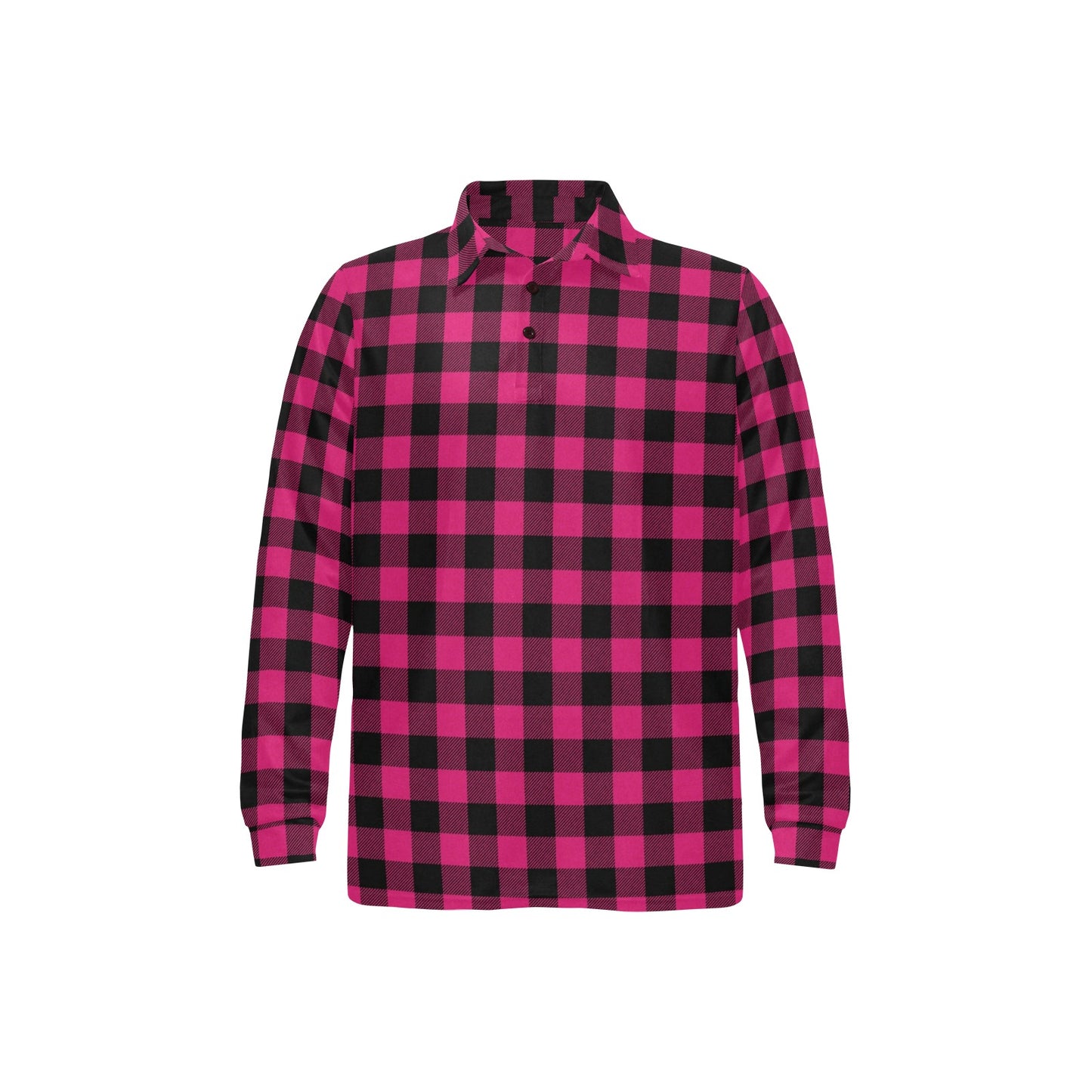 Pink Tartan Plaid Pattern Long Sleeve Polo Shirt For Men's