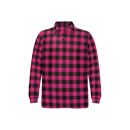 Pink Tartan Plaid Pattern Long Sleeve Polo Shirt For Men's