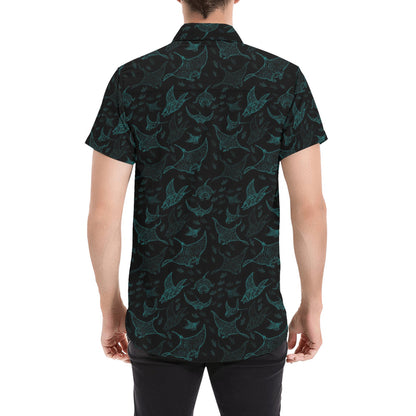 Manta Ray Print Design LKS402 Men Short Sleeve Button Up Shirt