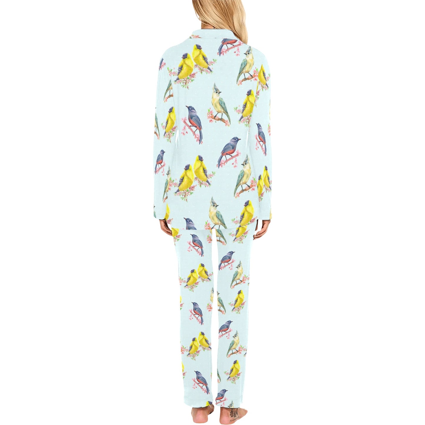 Bird Sweet Themed Print Pattern Women's Long Pajama Set