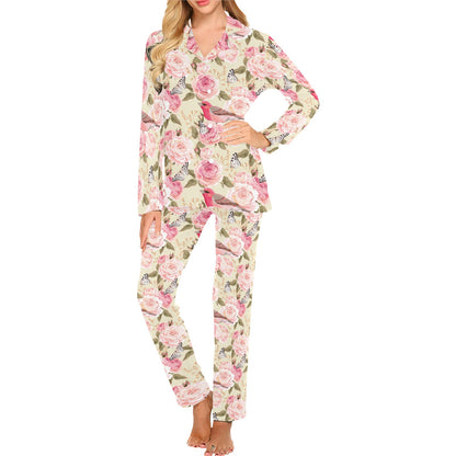 Bird Butterfly Pink Flower Print Pattern Women's Long Pajama Set