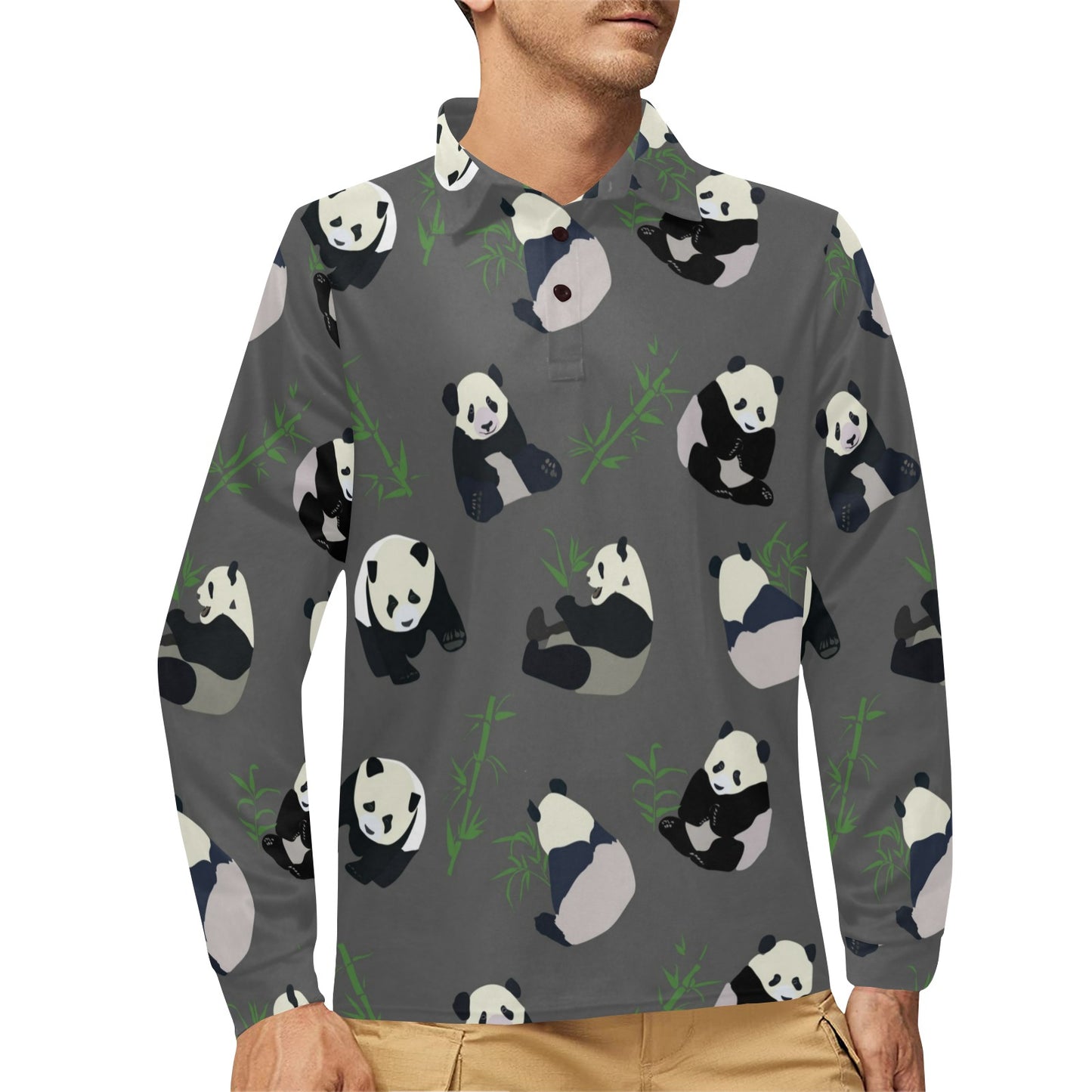Panda Pattern Print Design A06 Long Sleeve Polo Shirt For Men's