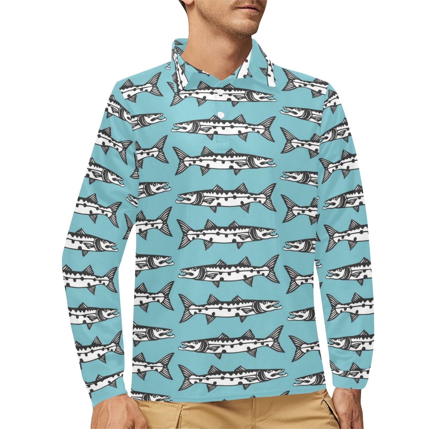 Barracuda Pattern Print Design 03 Long Sleeve Polo Shirt For Men's