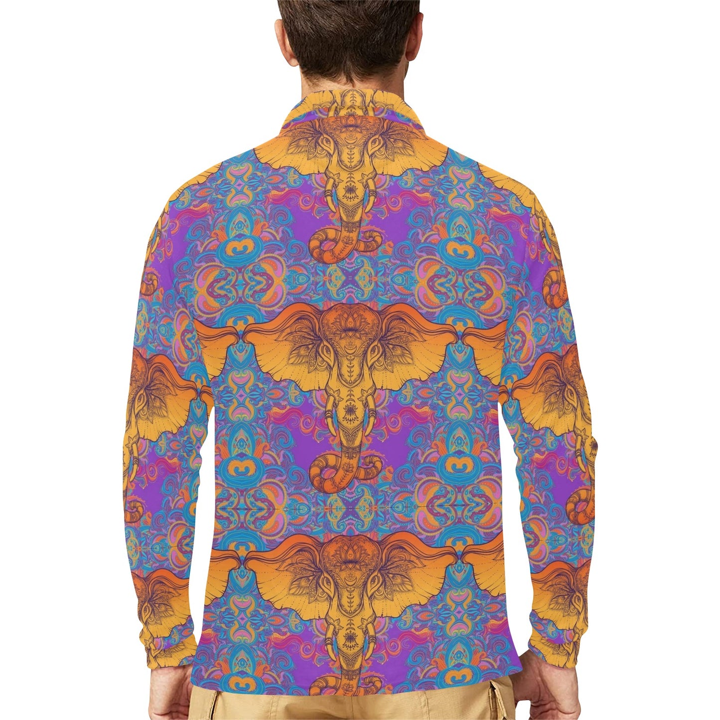 Gold Elephant Indian Long Sleeve Polo Shirt For Men's