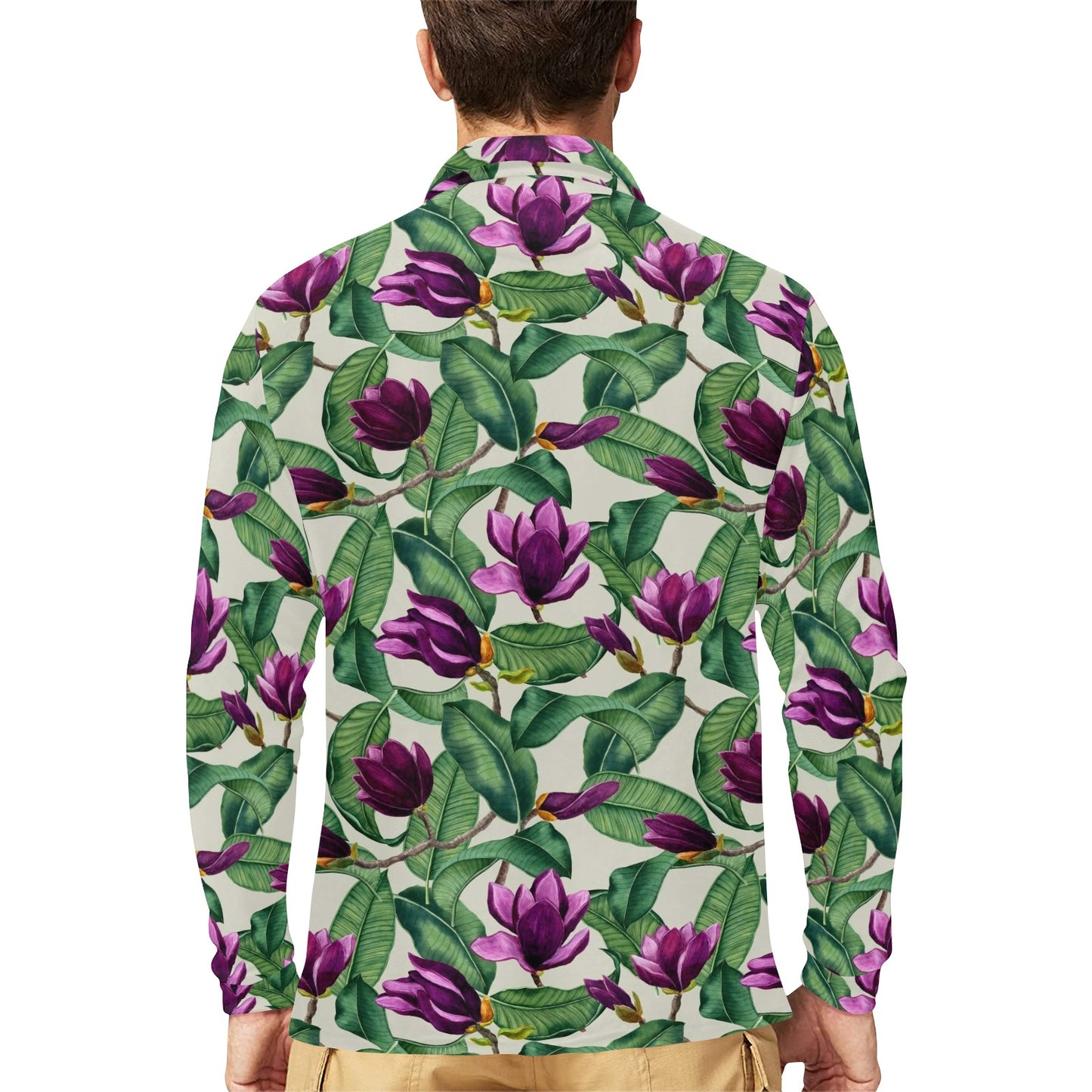 Magnolia Pattern Print Design MAG07 Long Sleeve Polo Shirt For Men's
