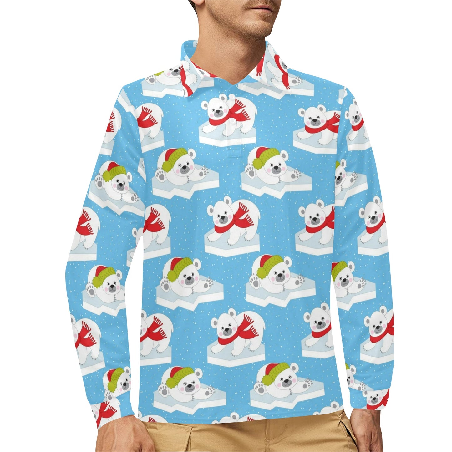 Polar Bear Pattern Print Design PB06 Long Sleeve Polo Shirt For Men's