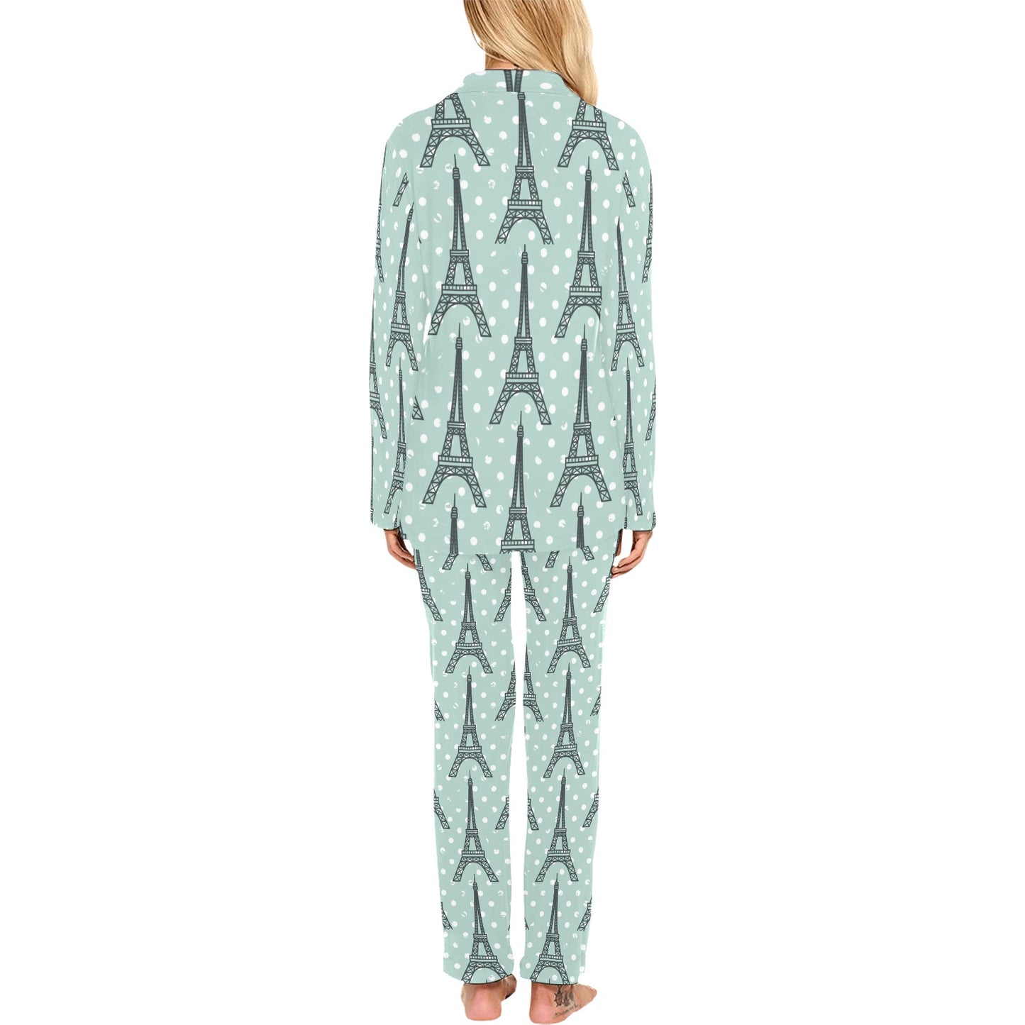 Eiffel Tower Polka Dot Print Women's Long Pajama Set