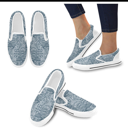 Samoan Pattern Print Design LKS306 White Slip Ons Canvas Women's Shoes