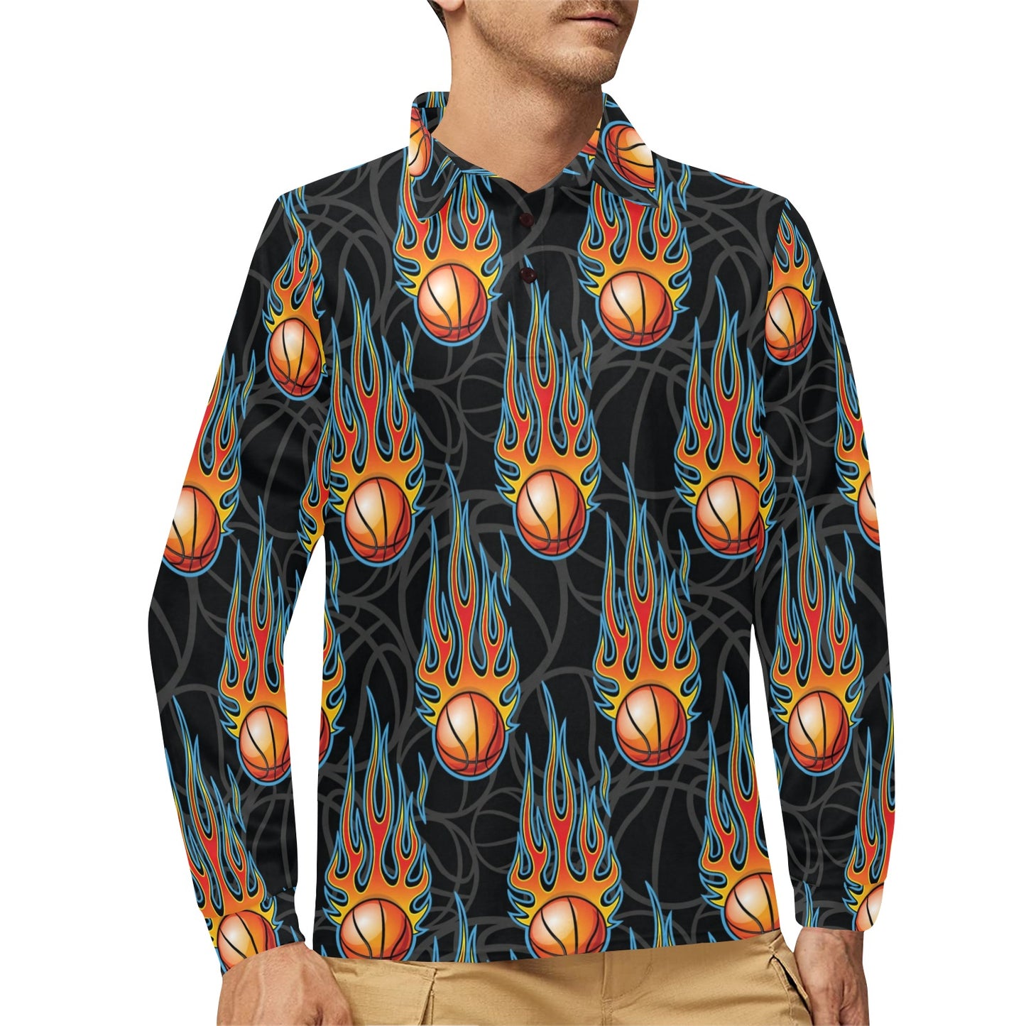 Basketball Fire Print Pattern Long Sleeve Polo Shirt For Men's