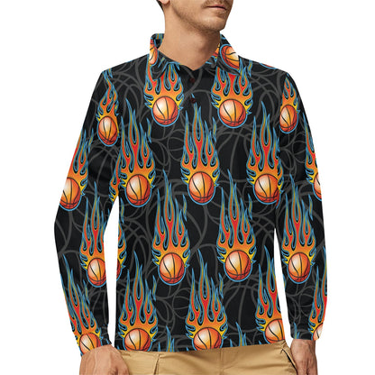Basketball Fire Print Pattern Long Sleeve Polo Shirt For Men's