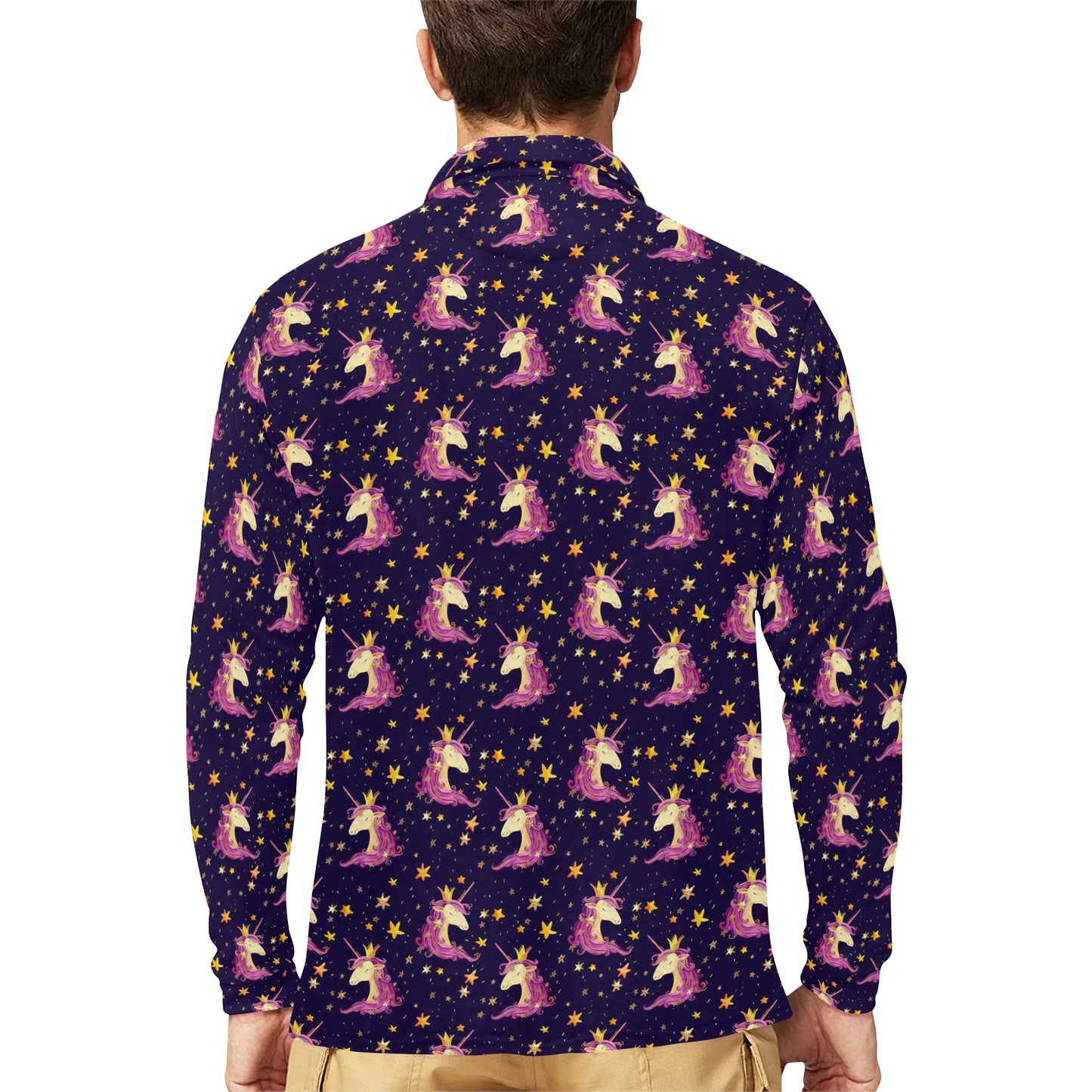 Unicorn Princess Star Sparkle Long Sleeve Polo Shirt For Men's