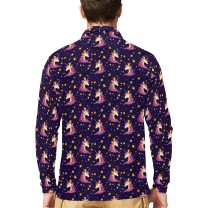 Unicorn Princess Star Sparkle Long Sleeve Polo Shirt For Men's