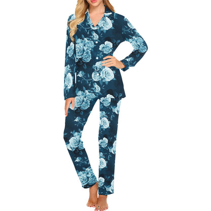 Rose Blue Pattern Print Design RO014 Women's Long Pajama Set