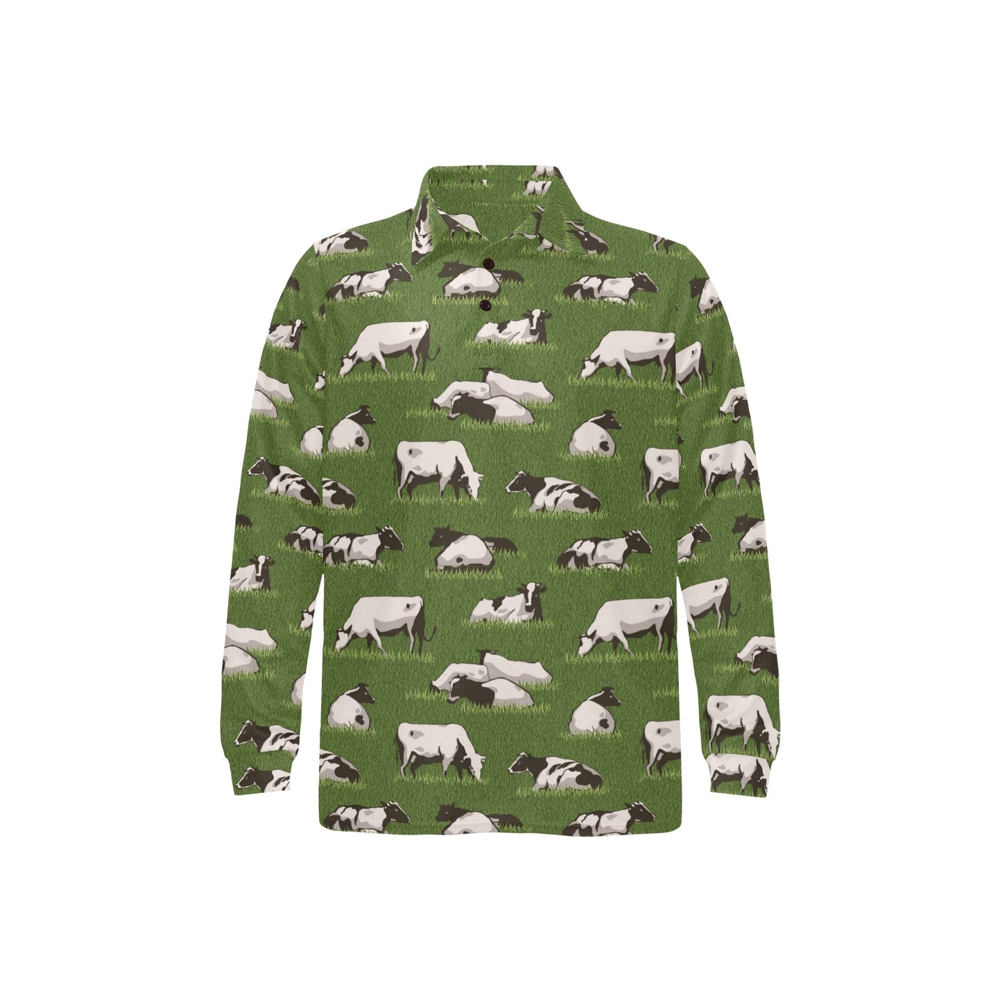 Cow on Grass Print Pattern Long Sleeve Polo Shirt For Men's