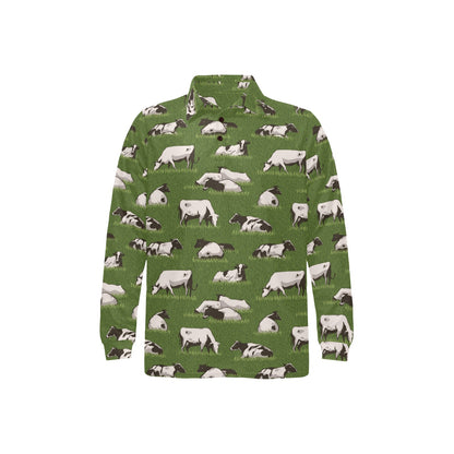 Cow on Grass Print Pattern Long Sleeve Polo Shirt For Men's
