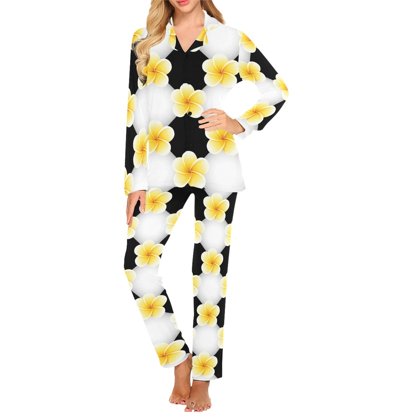 Plumeria Pattern Print Design A04 Women's Long Pajama Set