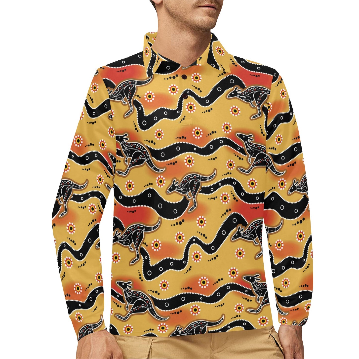 Kangaroos Aboriginal Pattern Print Design 06 Long Sleeve Polo Shirt For Men's