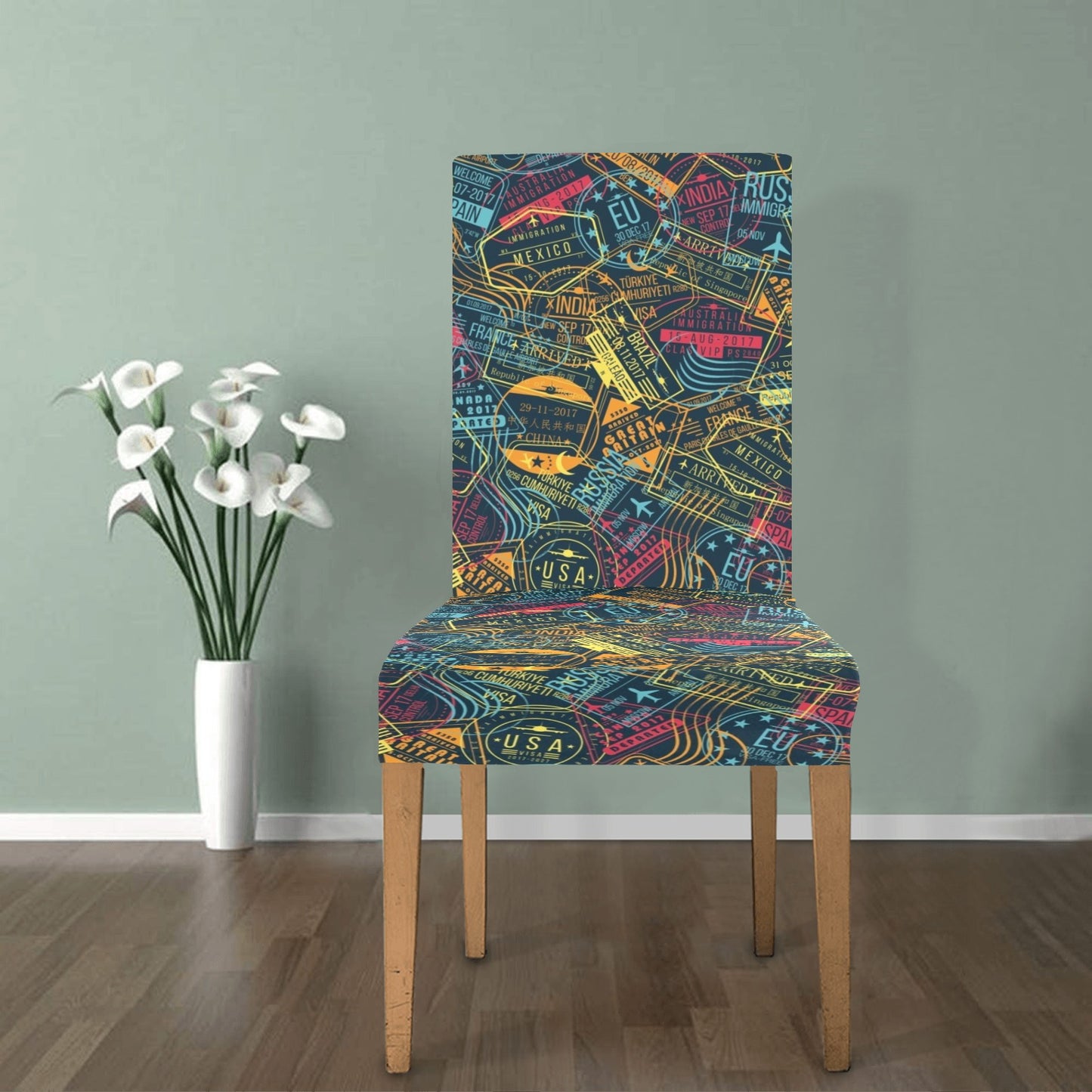 Travel Stamp Colorful Print Design LKS304 Dining Chair Slipcover
