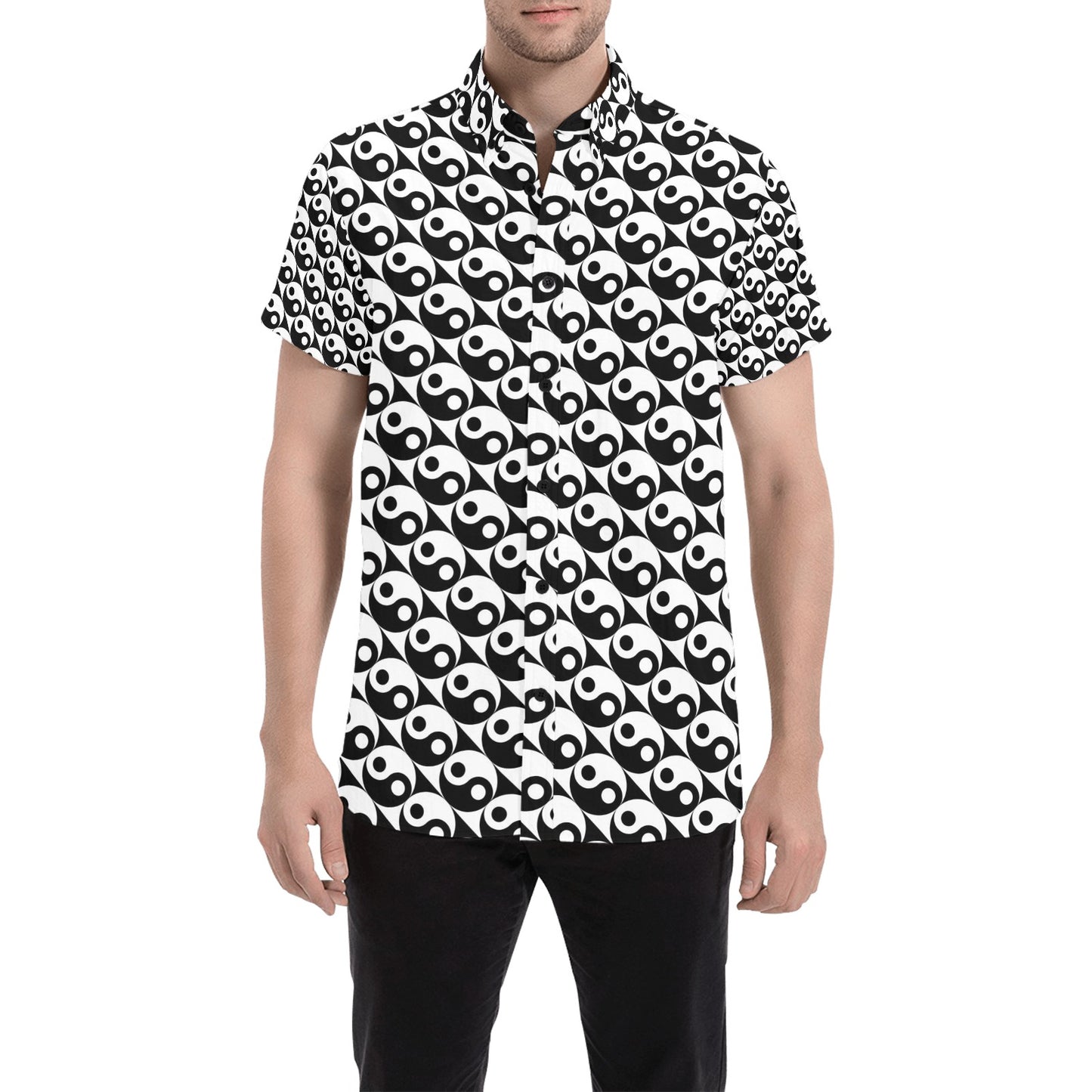 Yin Yang Print Design LKS304 Men Short Sleeve Button Up Shirt