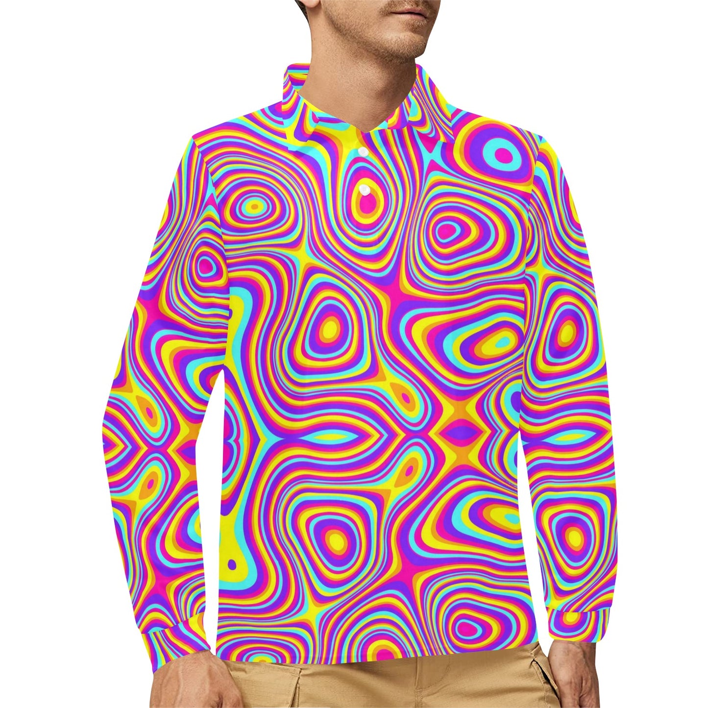 Liquid Pattern Print Design 06 Long Sleeve Polo Shirt For Men's