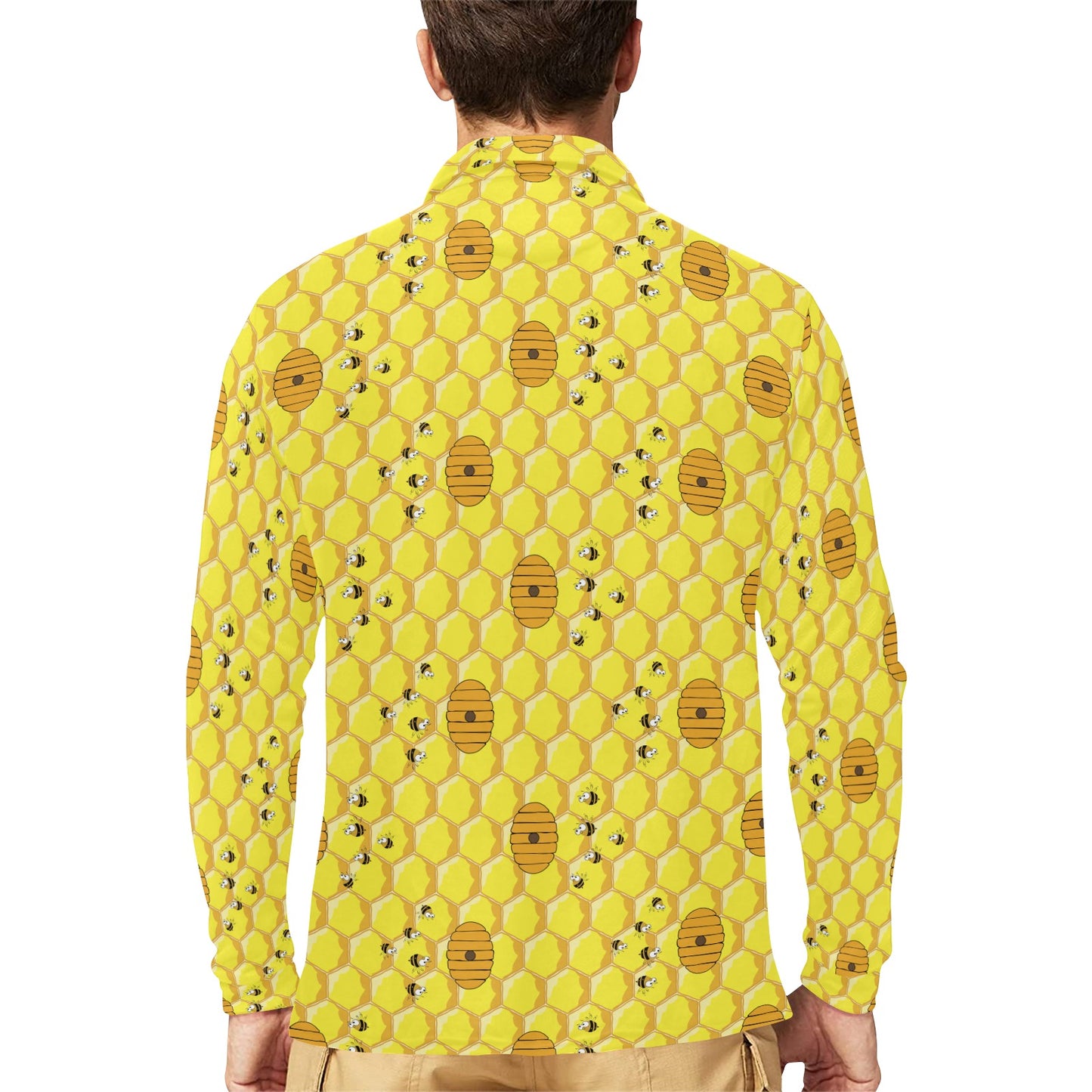 Honey Bee Print Design LKS303 Long Sleeve Polo Shirt For Men's