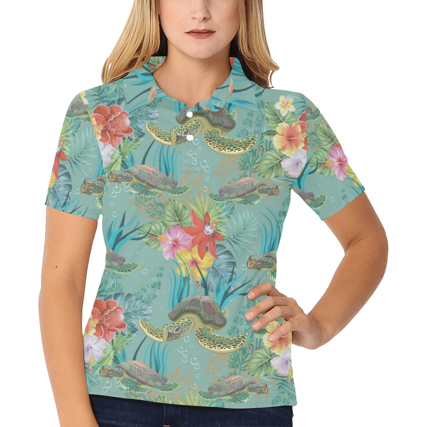 Sea Turtle Pattern Print Design T012 Women's Polo Shirt