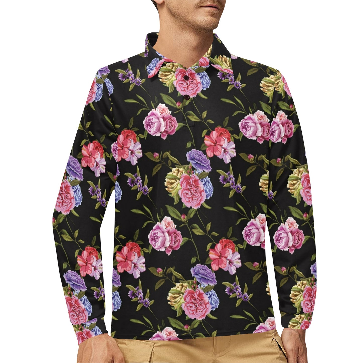 Carnations Pattern Print Design CN05 Long Sleeve Polo Shirt For Men's
