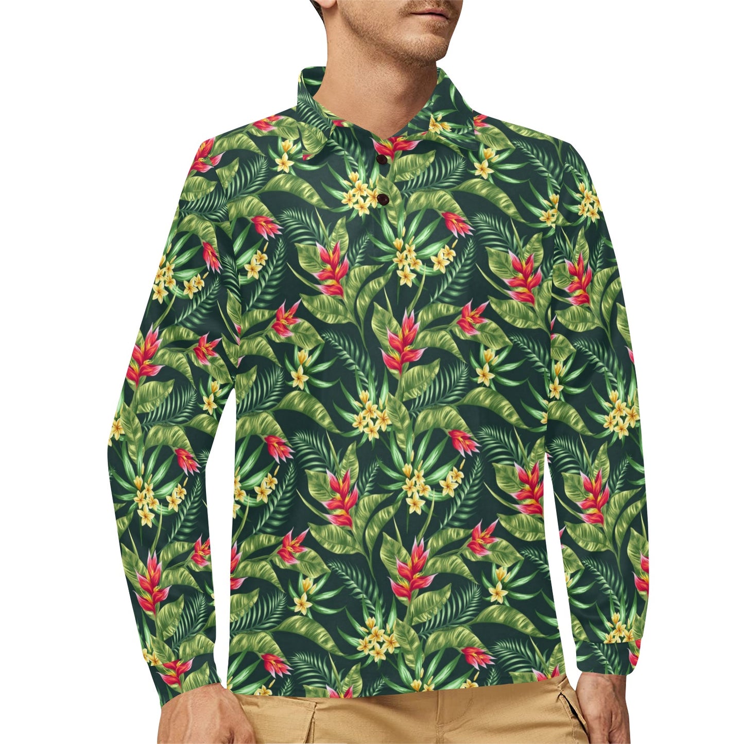 Tropical Folower Red Heliconia Print Long Sleeve Polo Shirt For Men's