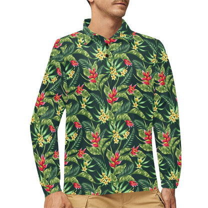 Tropical Folower Red Heliconia Print Long Sleeve Polo Shirt For Men's