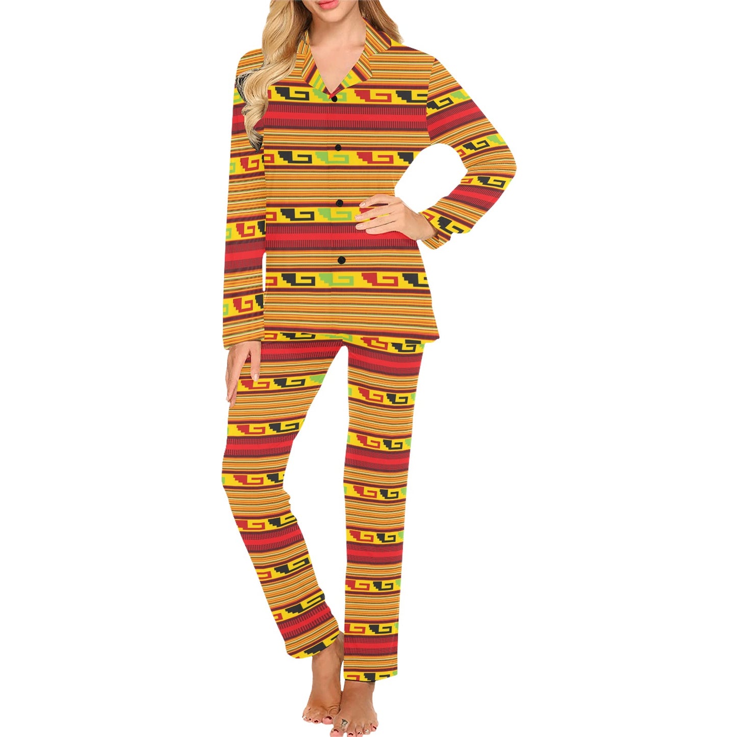 Mexican Blanket Ornament Print Pattern Women's Long Pajama Set