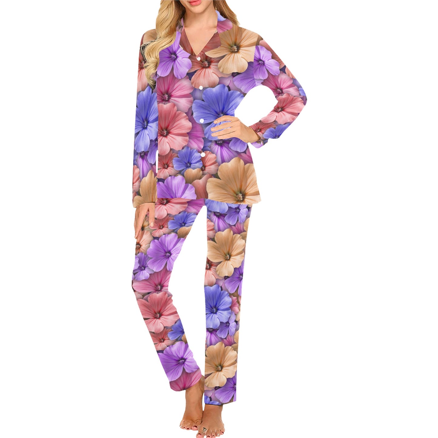 Colorful Geranium Pattern Women's Long Pajama Set