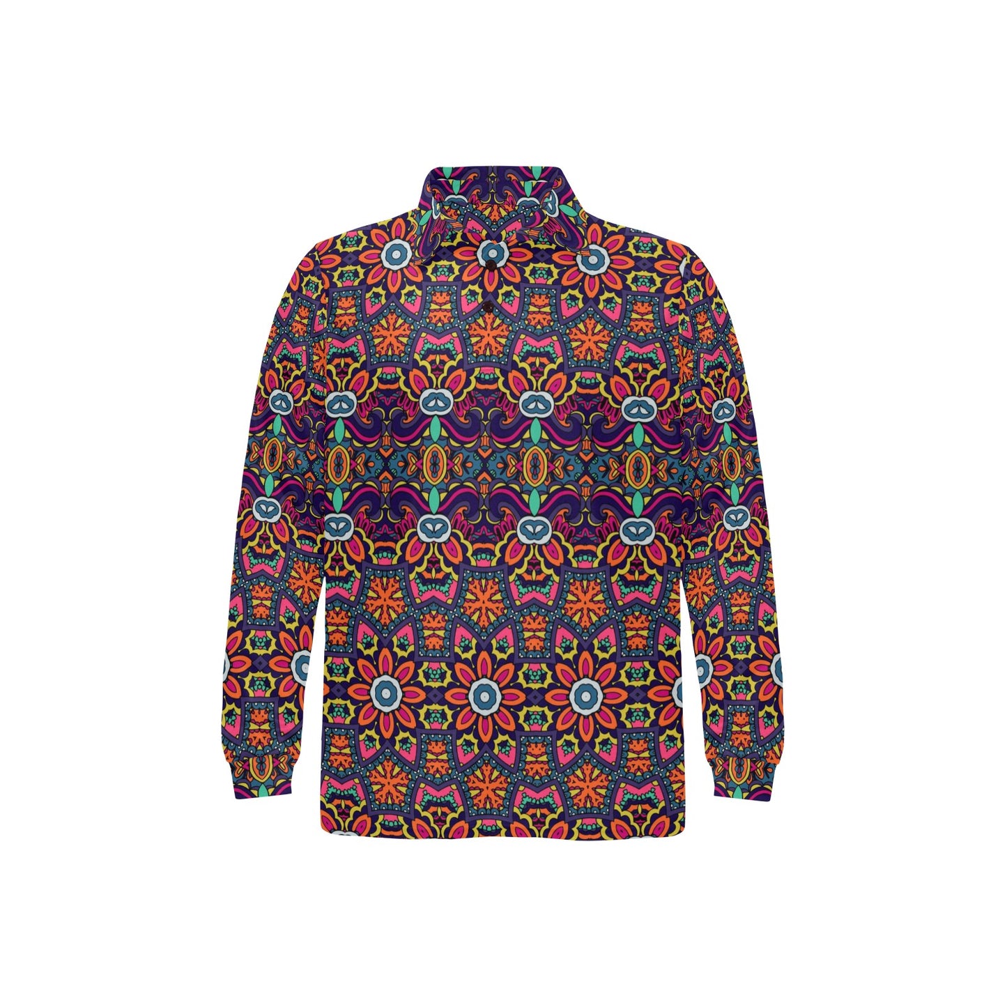 Ethnic Flower Style Print Pattern Long Sleeve Polo Shirt For Men's