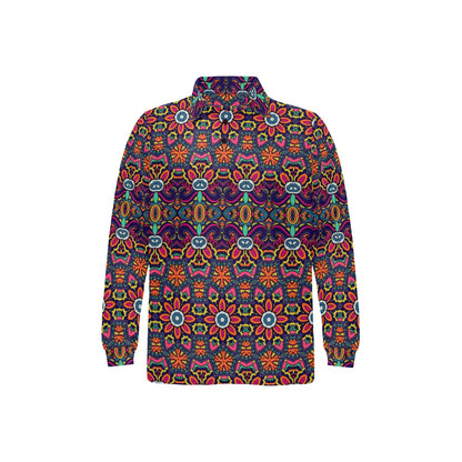 Ethnic Flower Style Print Pattern Long Sleeve Polo Shirt For Men's