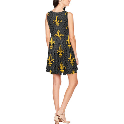 Fleur De Lis Gold Pattern Print Design 01 Sleeveless Dress