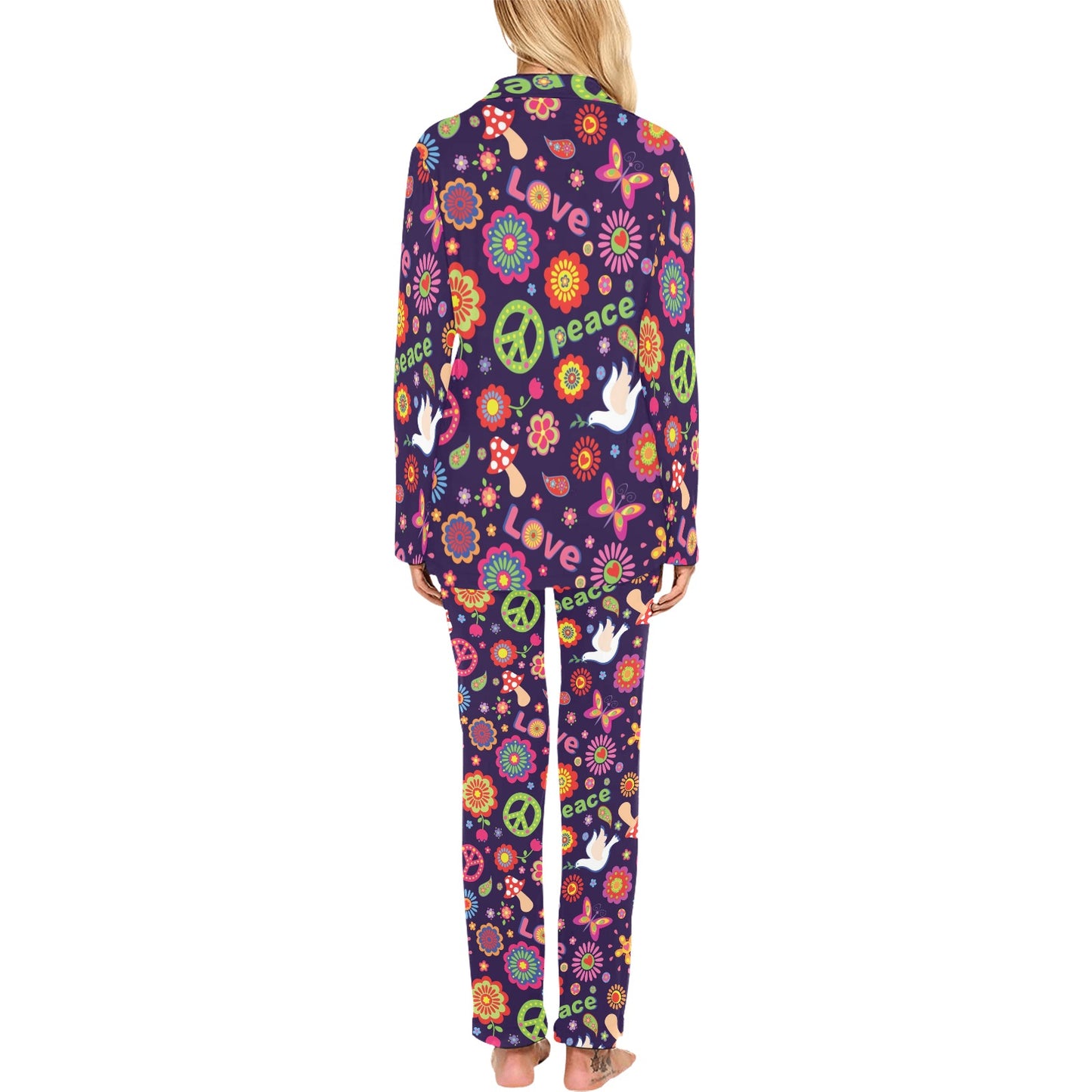 Flower Power Peace Design Print Women's Long Pajama Set
