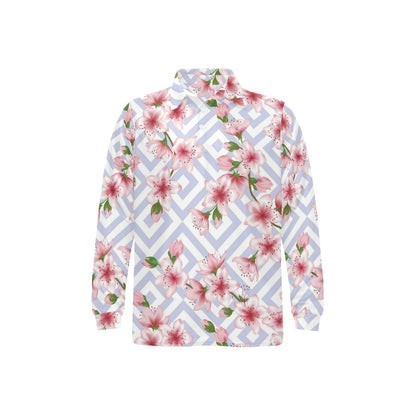Cherry Blossom Pattern Print Design CB07 Long Sleeve Polo Shirt For Men's