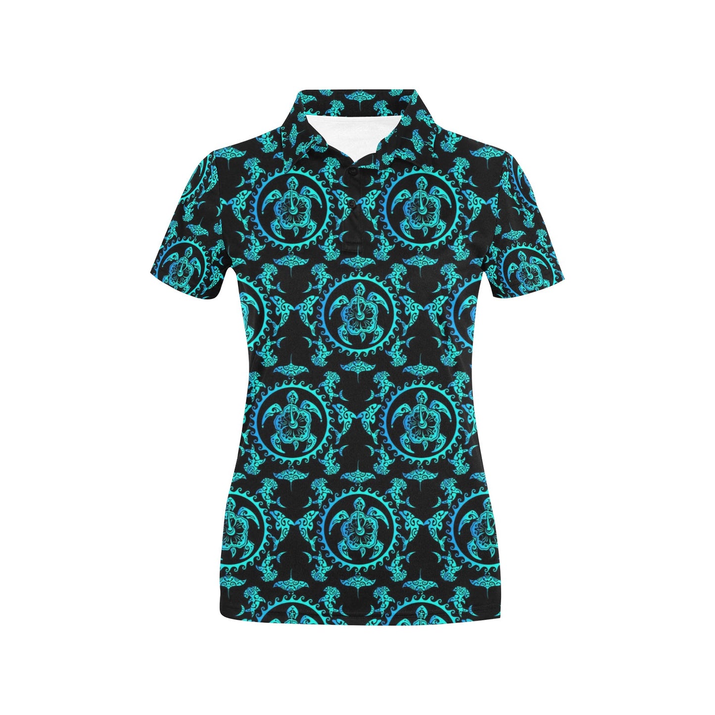 turquoise Tribal Sea Turtle Hawaiian Women's Polo Shirt