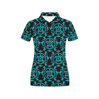 turquoise Tribal Sea Turtle Hawaiian Women's Polo Shirt