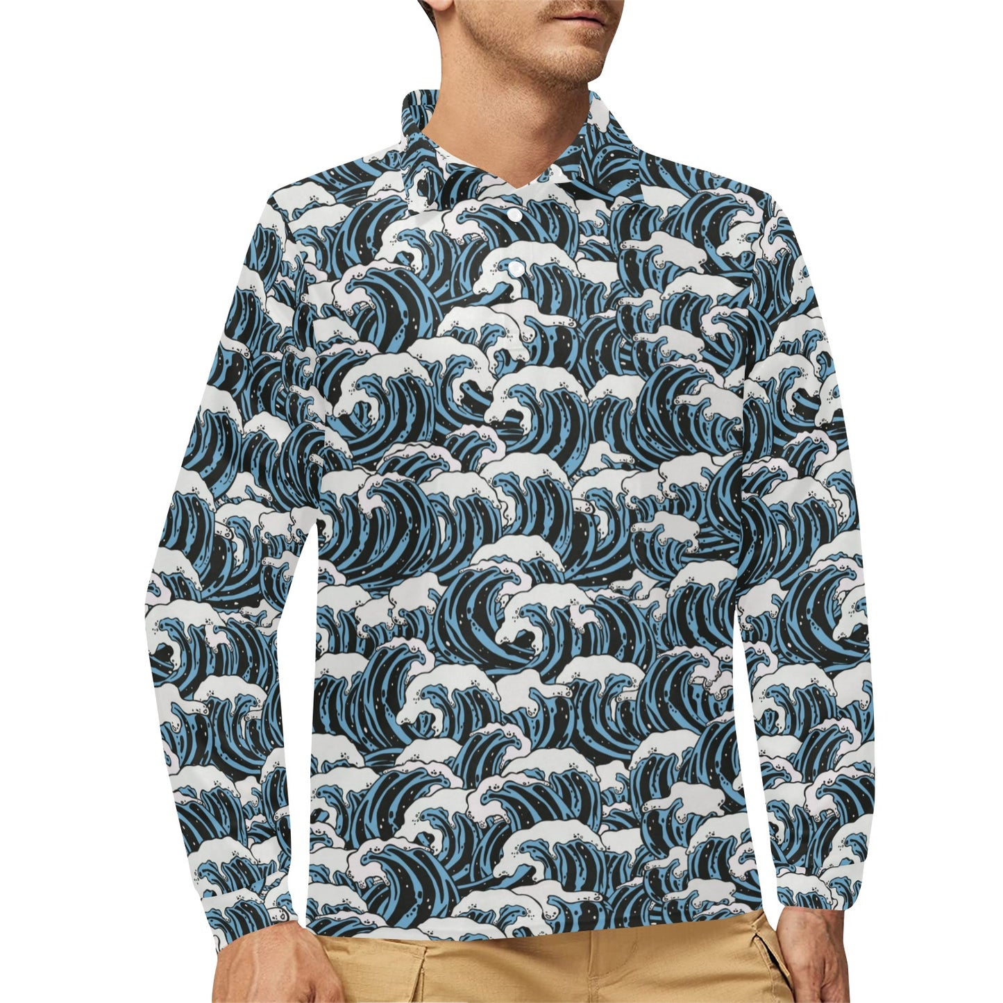 Surf Wave Pattern Print Long Sleeve Polo Shirt For Men's