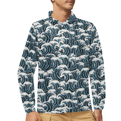 Surf Wave Pattern Print Long Sleeve Polo Shirt For Men's