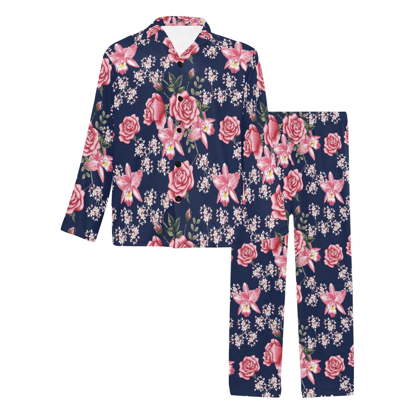 Rose Pattern Print Design A05 Men's Long Pajama Set
