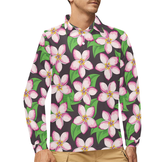 Pink Plumeria Pattern Print Design PM019 Long Sleeve Polo Shirt For Men's