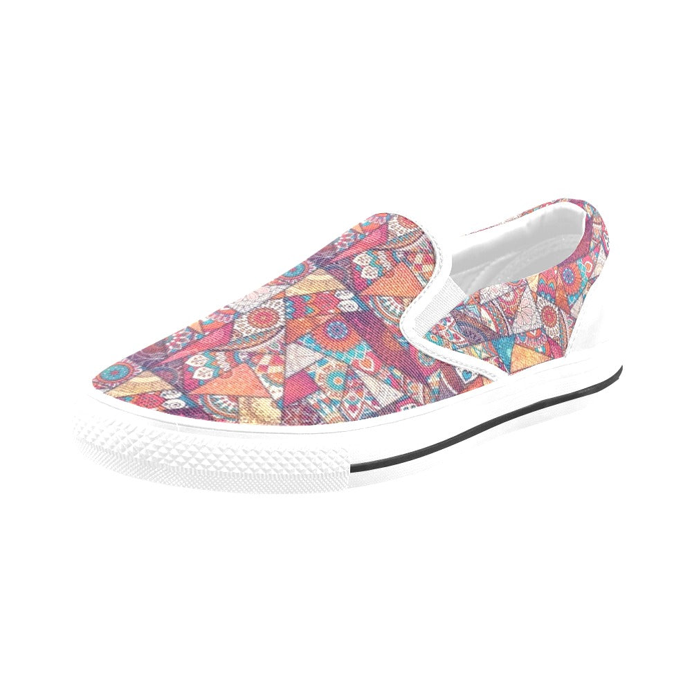 Patchwork Print Design LKS401 White Slip Ons Canvas Women's Shoes
