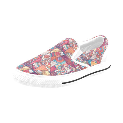 Patchwork Print Design LKS401 White Slip Ons Canvas Women's Shoes