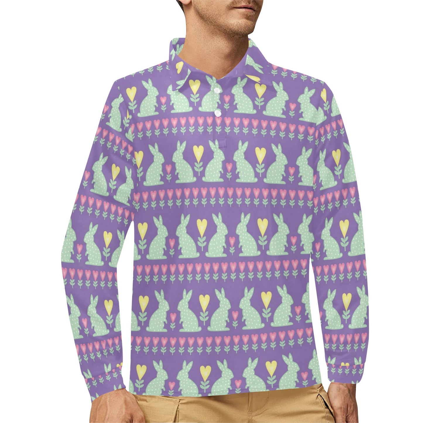 Rabbit Pattern Print Design RB01 Long Sleeve Polo Shirt For Men's