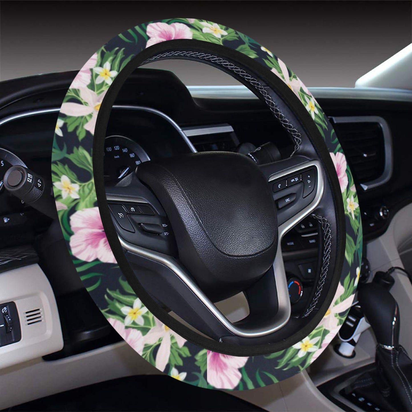 Hibiscus Tropical Print Design LKS309 Steering Wheel Cover with Elastic Edge