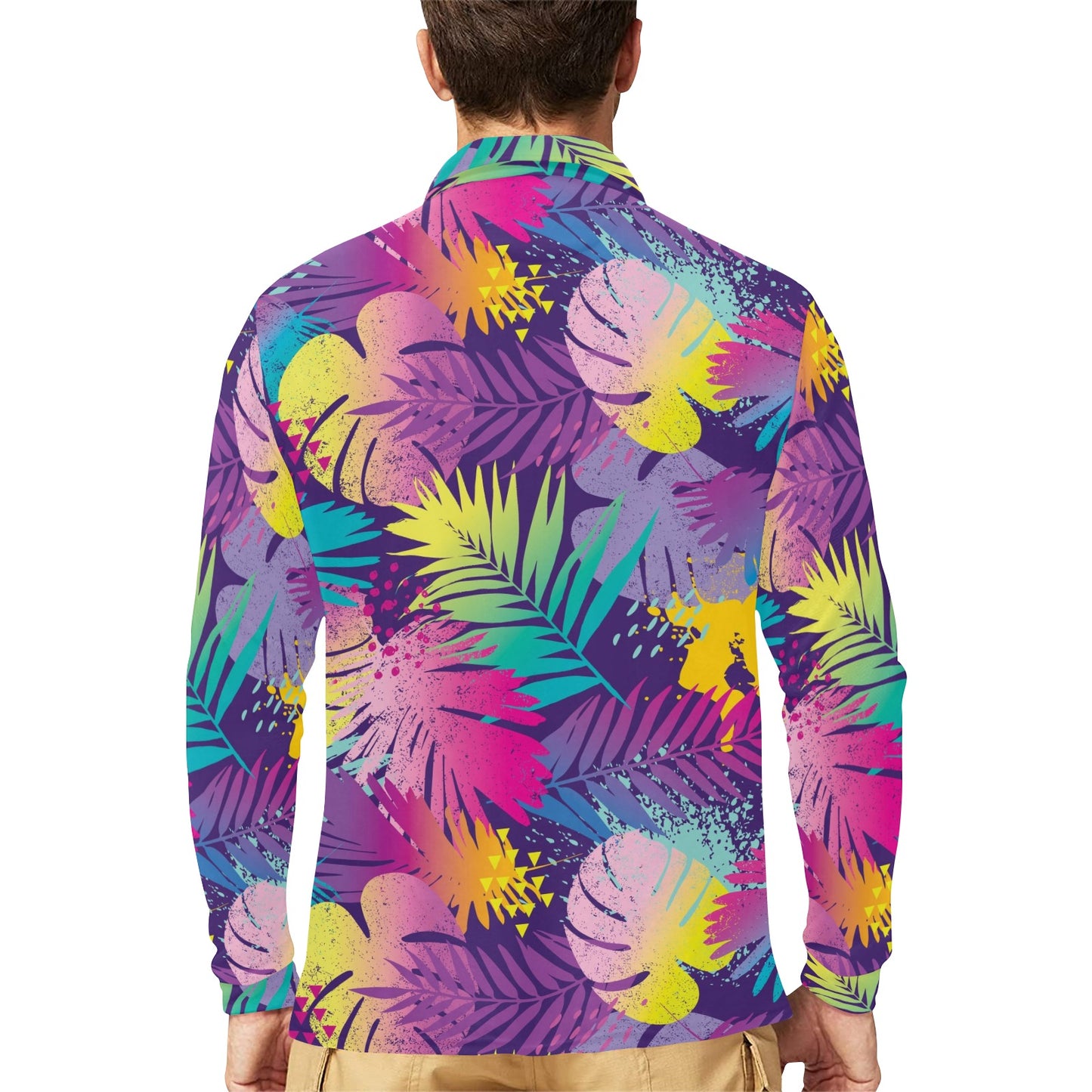 Palm Leaf Pattern Print Design A04 Long Sleeve Polo Shirt For Men's