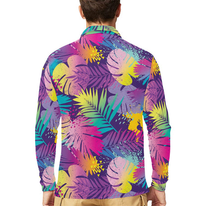 Palm Leaf Pattern Print Design A04 Long Sleeve Polo Shirt For Men's